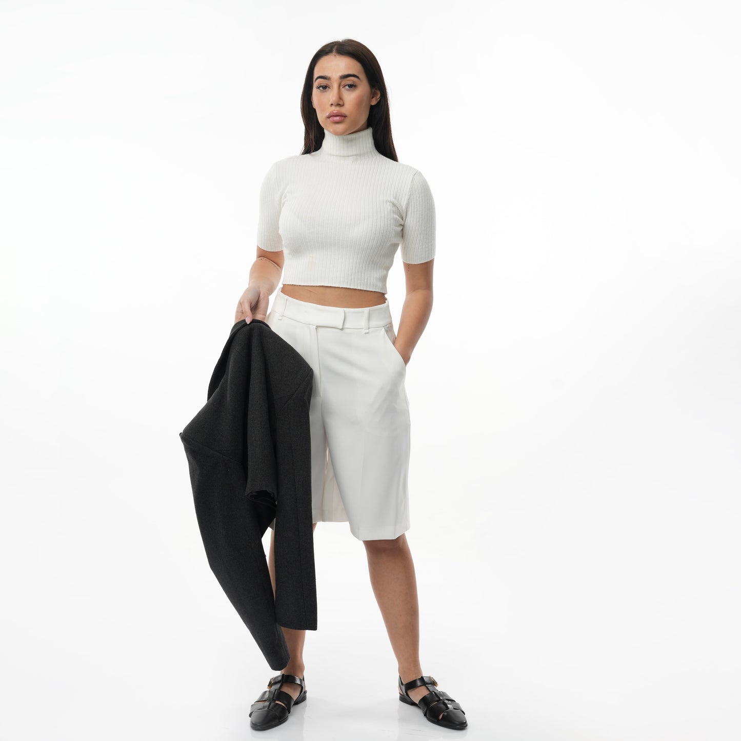 Turtle Neck Short Sleeve Knit Crop Top